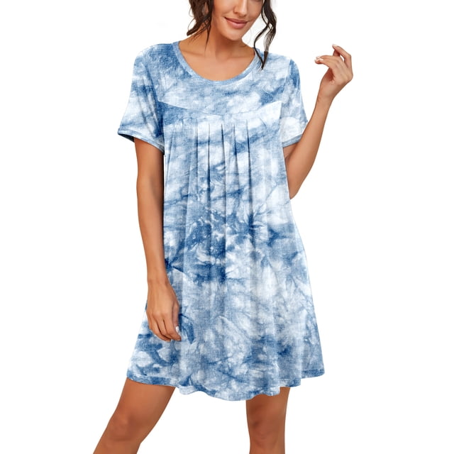 JWD Womens Sleepwear Short Sleeve Nightgown Soft Sleepshirt Pleated Nightshirt Scoopneck Casual Loungewear