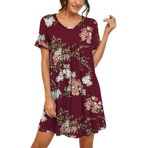 JWD Womens Sleepwear Short Sleeve Nightgown Soft Sleepshirt Pleated Nightshirt Scoopneck Casual Loungewear