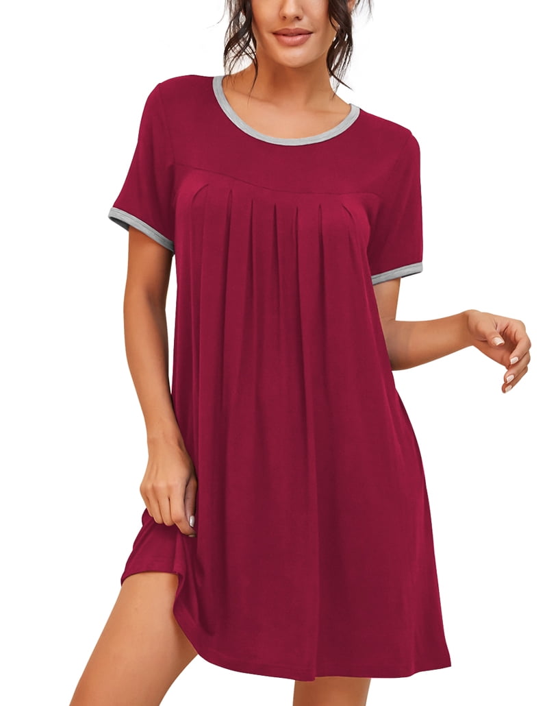 Ekouaer Women's Nightgown Short Sleeve Sleepwear Comfy Sleepshirts Pleated Scoopneck Nightshirt, S-XXXL, Black, S
