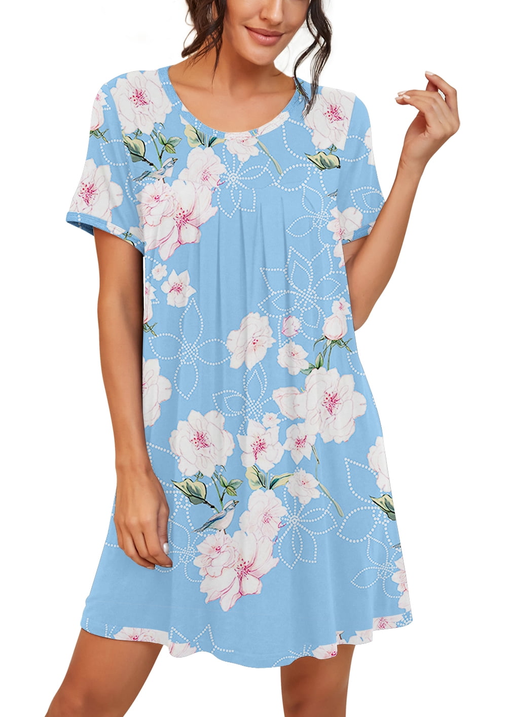 JWD Womens Sleepwear Short Sleeve Nightgown Soft Sleepshirt Pleated Nightshirt Scoopneck Casual Loungewear