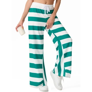JWD Womens Striped Wide Leg Pants Retro Aesthetic Boho Loose Beach Trousers With Drawstring Waist Green Apricot L
