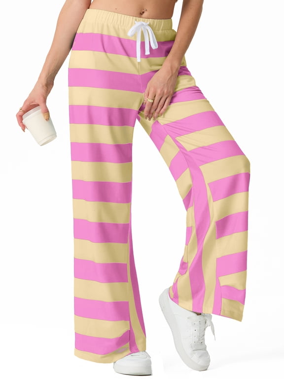 Womens Striped Wide Leg Pants Retro Aesthetic Boho Loose Beach Trousers With Drawstring Waist Purple Pink L