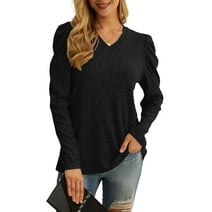 JWD Womens Tunic Tops Puff Long Sleeve V Neck Long Sleeve Shirts Black-Large
