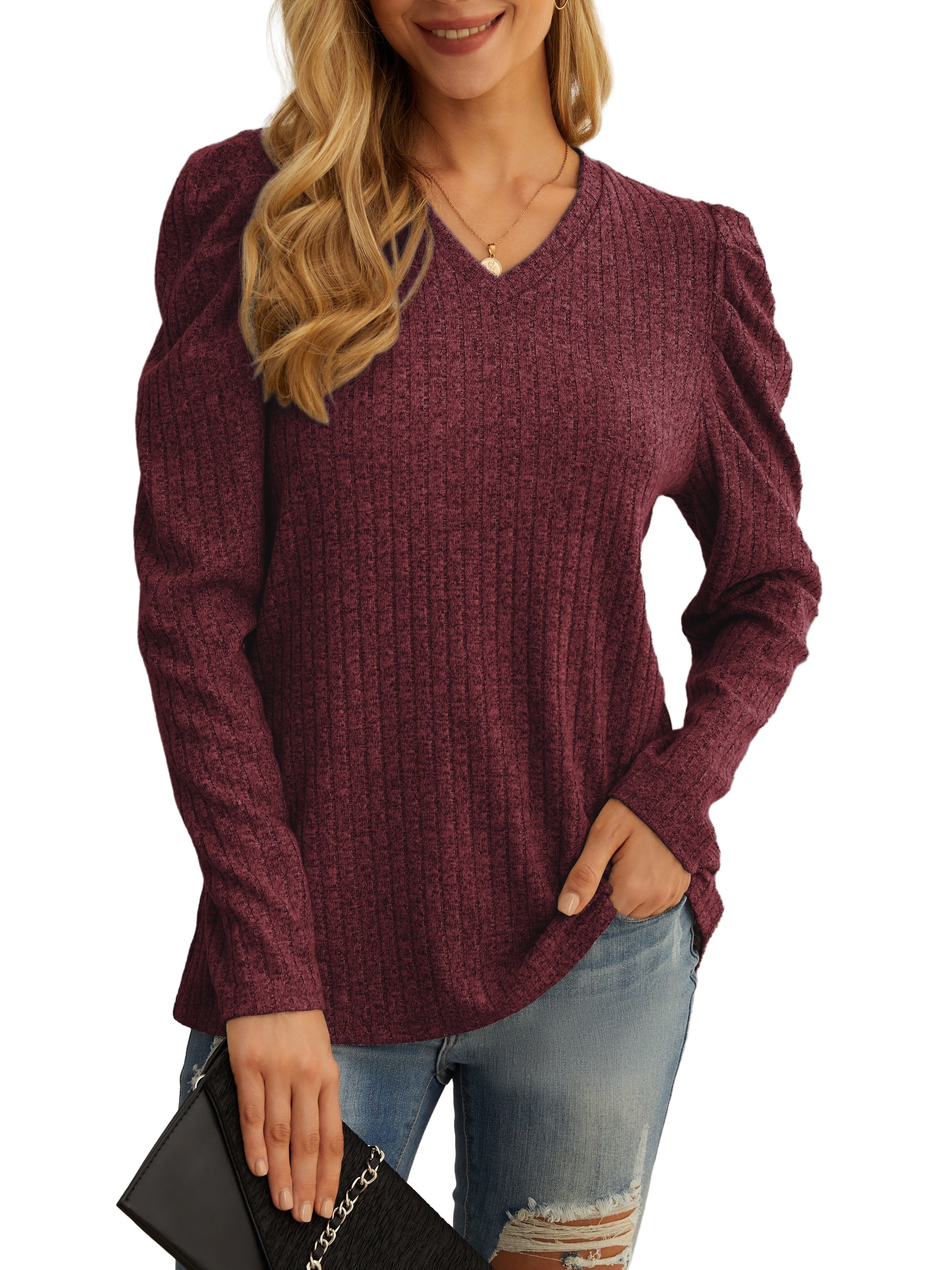 SweetCandy Women Autumn Long Sleeve Wine Red Shirts V Neck Vintage