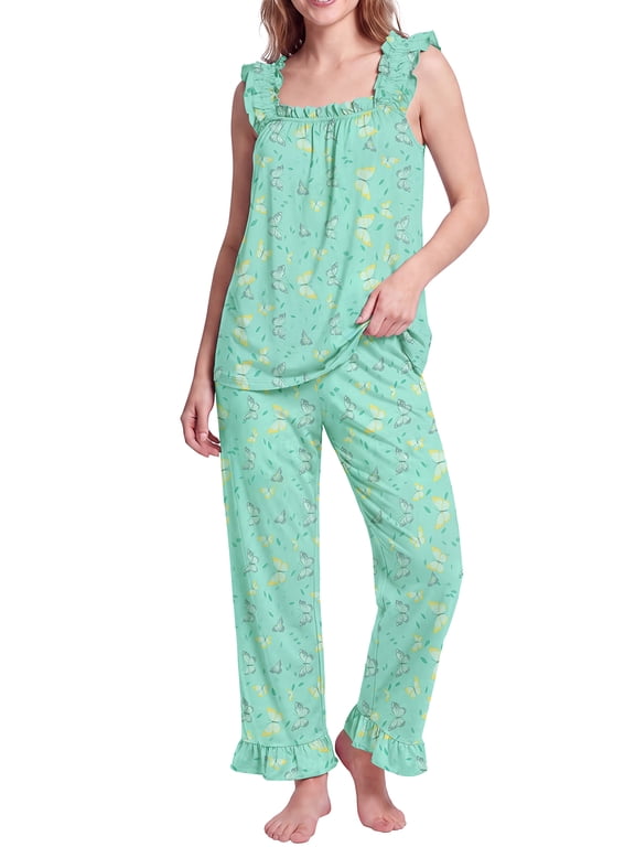 Womens Two Piece Pajama Set Soft Sleeveless Ruffle Strap Cami Top and Long Pants Lightweight Lounge Sleepwear Green Butterfly L