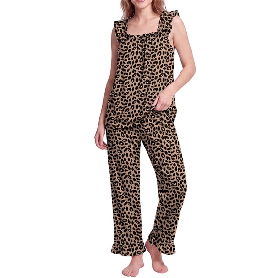 JWD Womens Two Piece Pajama Set Soft Sleeveless Ruffle Strap Cami Top and Long Pants Lightweight Lounge Sleepwear LD Khaki XL