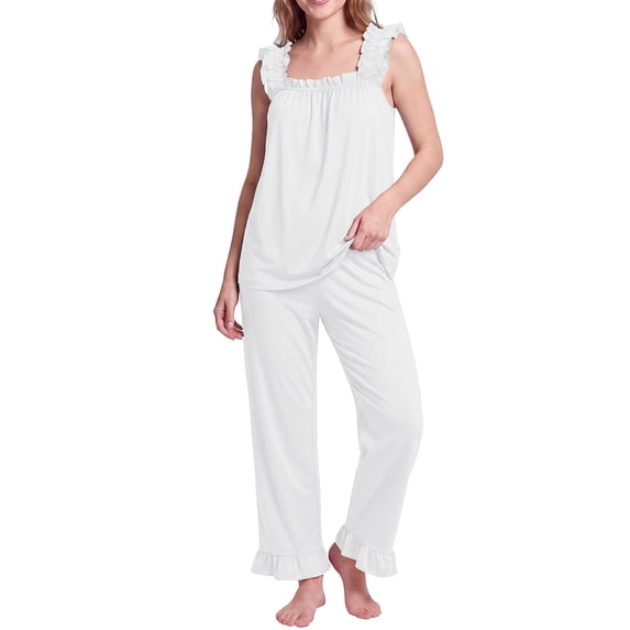JWD Womens Two Piece Pajama Set Soft Sleeveless Ruffle Strap Cami Top and Long Pants Lightweight Lounge Sleepwear White 2XL