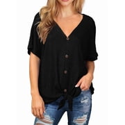 JWD Womens Waffle Knit Tunic Blouse Tie Knot Short Sleeve Henley Tops Loose Fitting Bat Wing Shirts Black Medium