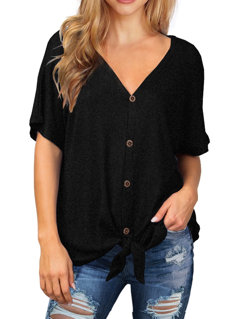Womens Waffle Knit Tunic Blouse Tie Knot Short Sleeve Henley Tops Loose Fitting Bat Wing Shirts Black Medium
