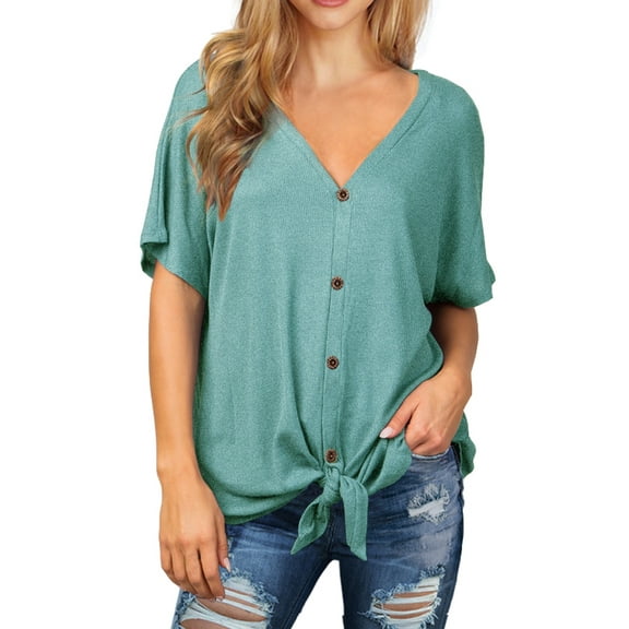 JWD Womens Waffle Knit Tunic Blouse Tie Knot Short Sleeve Henley Tops Loose Fitting Bat Wing Shirts Blue-Green Large