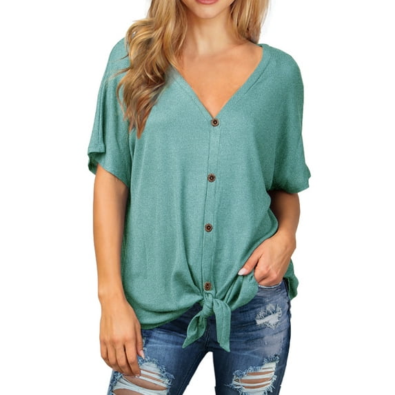 JWD Womens Waffle Knit Tunic Blouse Tie Knot Short Sleeve Henley Tops Loose Fitting Bat Wing Shirts Blue-Green Large