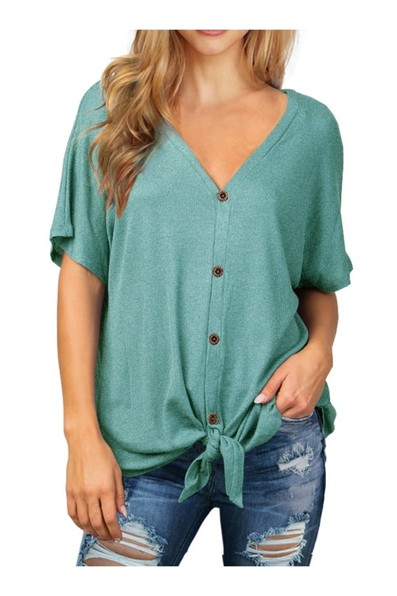 Womens Waffle Knit Tunic Blouse Tie Knot Short Sleeve Henley Tops Loose Fitting Bat Wing Shirts Blue-Green Large