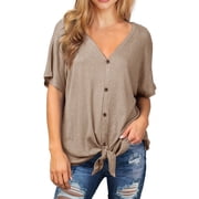 JWD Womens Waffle Knit Tunic Blouse Tie Knot Short Sleeve Henley Tops Loose Fitting Bat Wing Shirts Khaki Medium