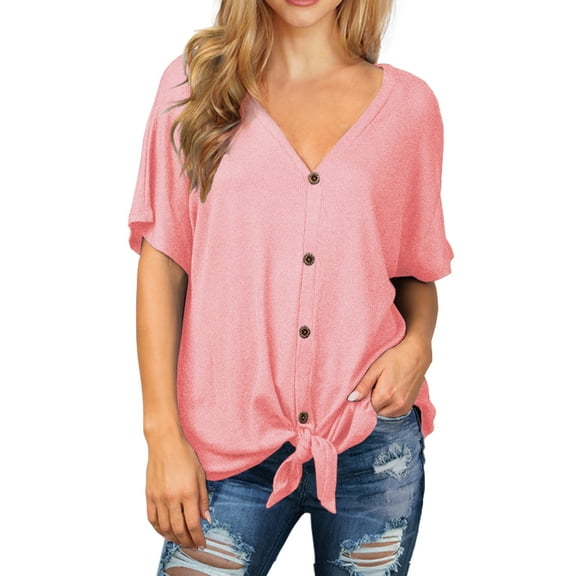 JWD Womens Waffle Knit Tunic Blouse Tie Knot Short Sleeve Henley Tops Loose Fitting Bat Wing Shirts Pink Large