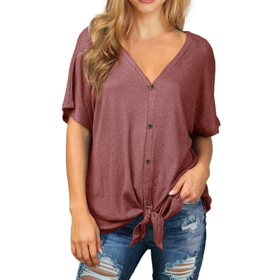 JWD Womens Waffle Knit Tunic Blouse Tie Knot Short Sleeve Henley Tops Loose Fitting Bat Wing Shirts Rust Red Small