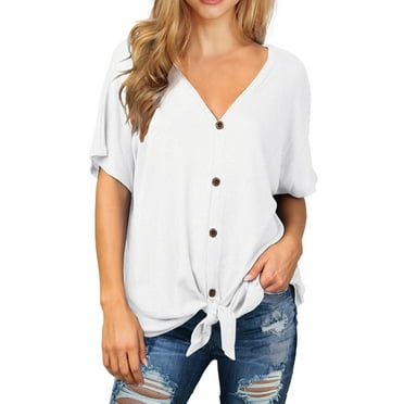 JWD Womens Waffle Knit Tunic Blouse Tie Knot Short Sleeve Henley Tops Loose Fitting Bat Wing Shirts White Large