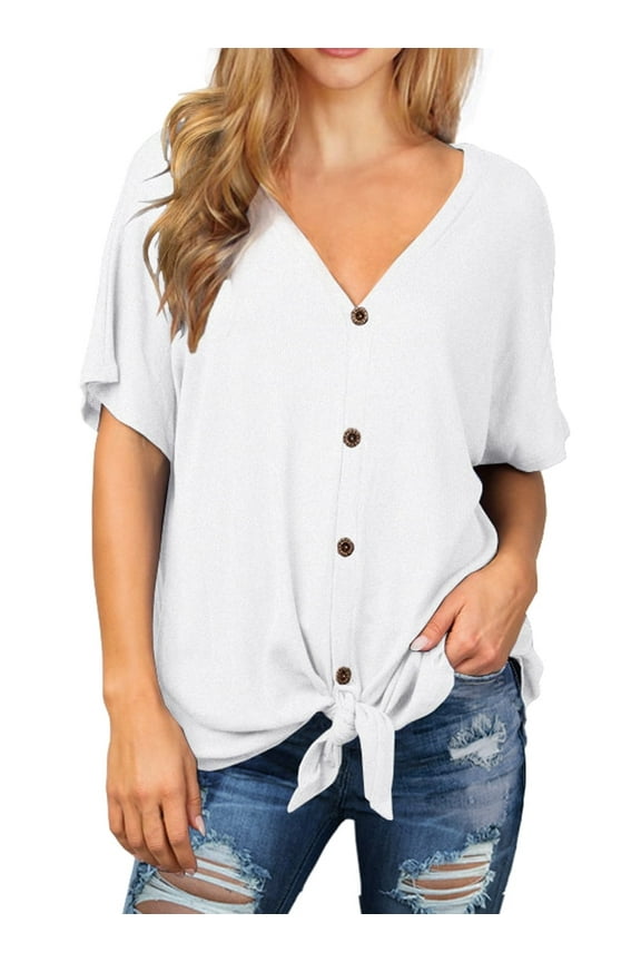 Womens Waffle Knit Tunic Blouse Tie Knot Short Sleeve Henley Tops Loose Fitting Bat Wing Shirts White Small