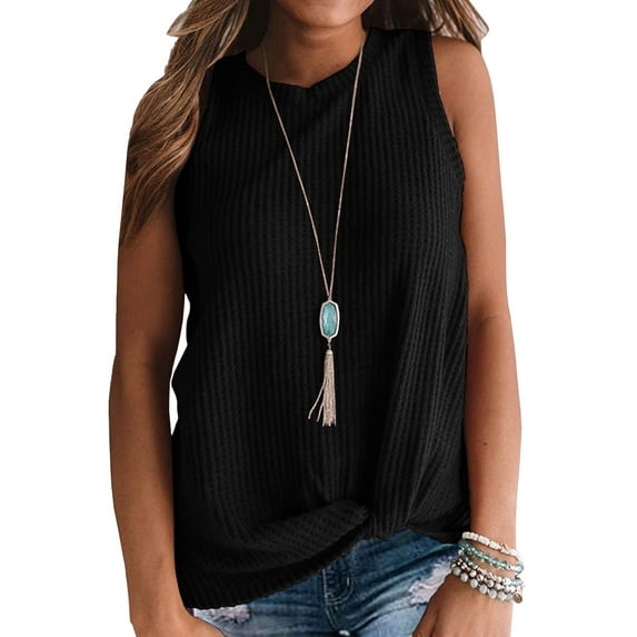 JWD Womens Waffle Knit Tunic Casual Blouse Sleeveless Cute Twist Knot Tank Tops Black 2XL