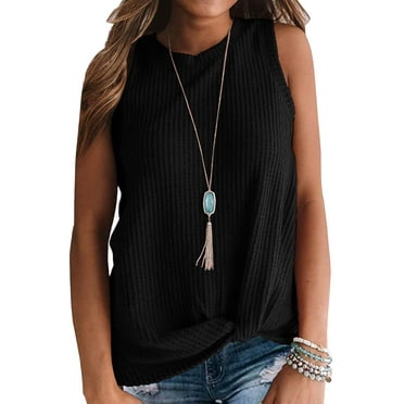 JWD Womens Waffle Knit Tunic Casual Blouse Sleeveless Cute Twist Knot Tank Tops Black L