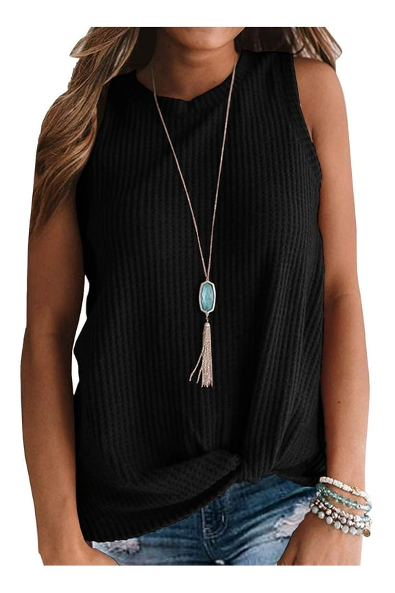 Womens Waffle Knit Tunic Casual Blouse Sleeveless Cute Twist Knot Tank Tops Black S