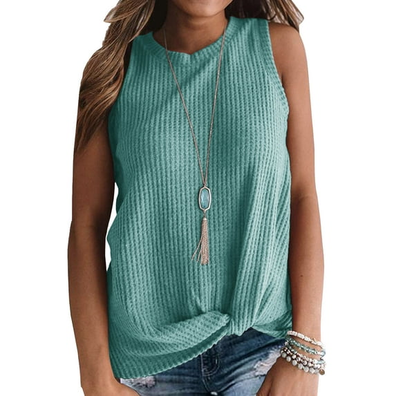 JWD Womens Waffle Knit Tunic Casual Blouse Sleeveless Cute Twist Knot Tank Tops Blue Green 2XL