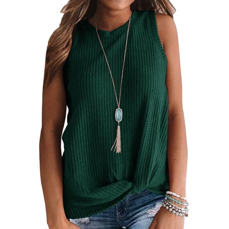 JWD Womens Waffle Knit Tunic Casual Blouse Sleeveless Cute Twist Knot Tank Tops Dark Green 2XL