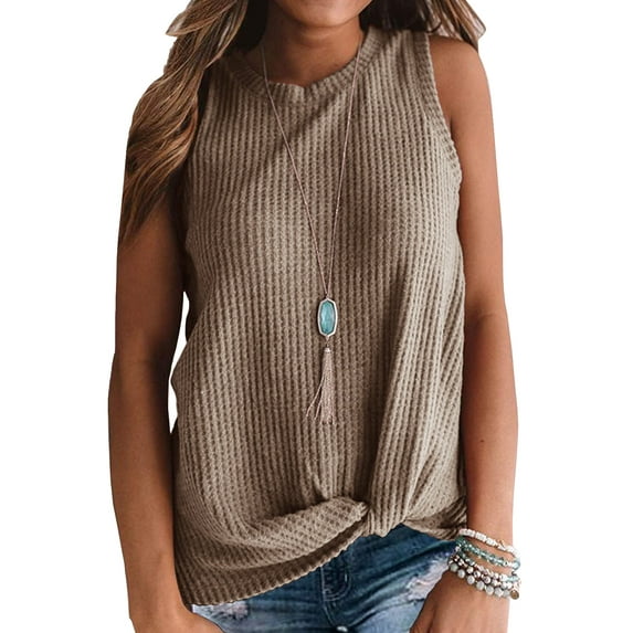 JWD Womens Waffle Knit Tunic Casual Blouse Sleeveless Cute Twist Knot Tank Tops Khaki S