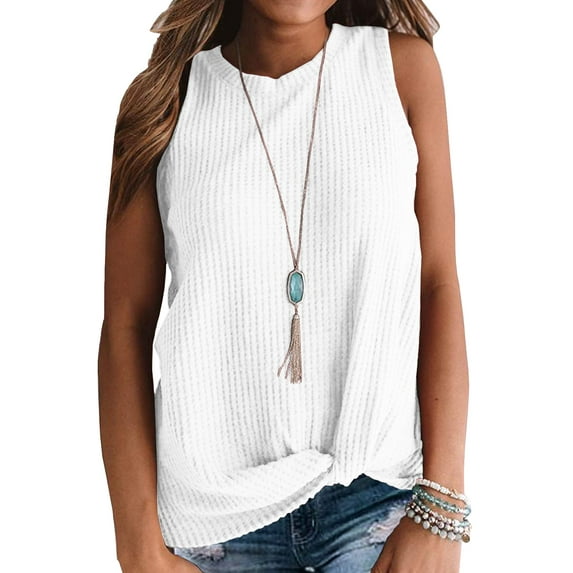 JWD Womens Waffle Knit Tunic Casual Blouse Sleeveless Cute Twist Knot Tank Tops White L