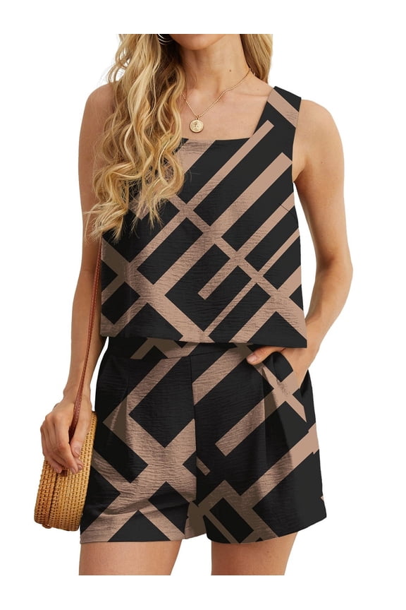 Women's 2 Piece Square Neck Sleeveless Shorts Casual Set Women's Summer Top FP-Black Rectangle L