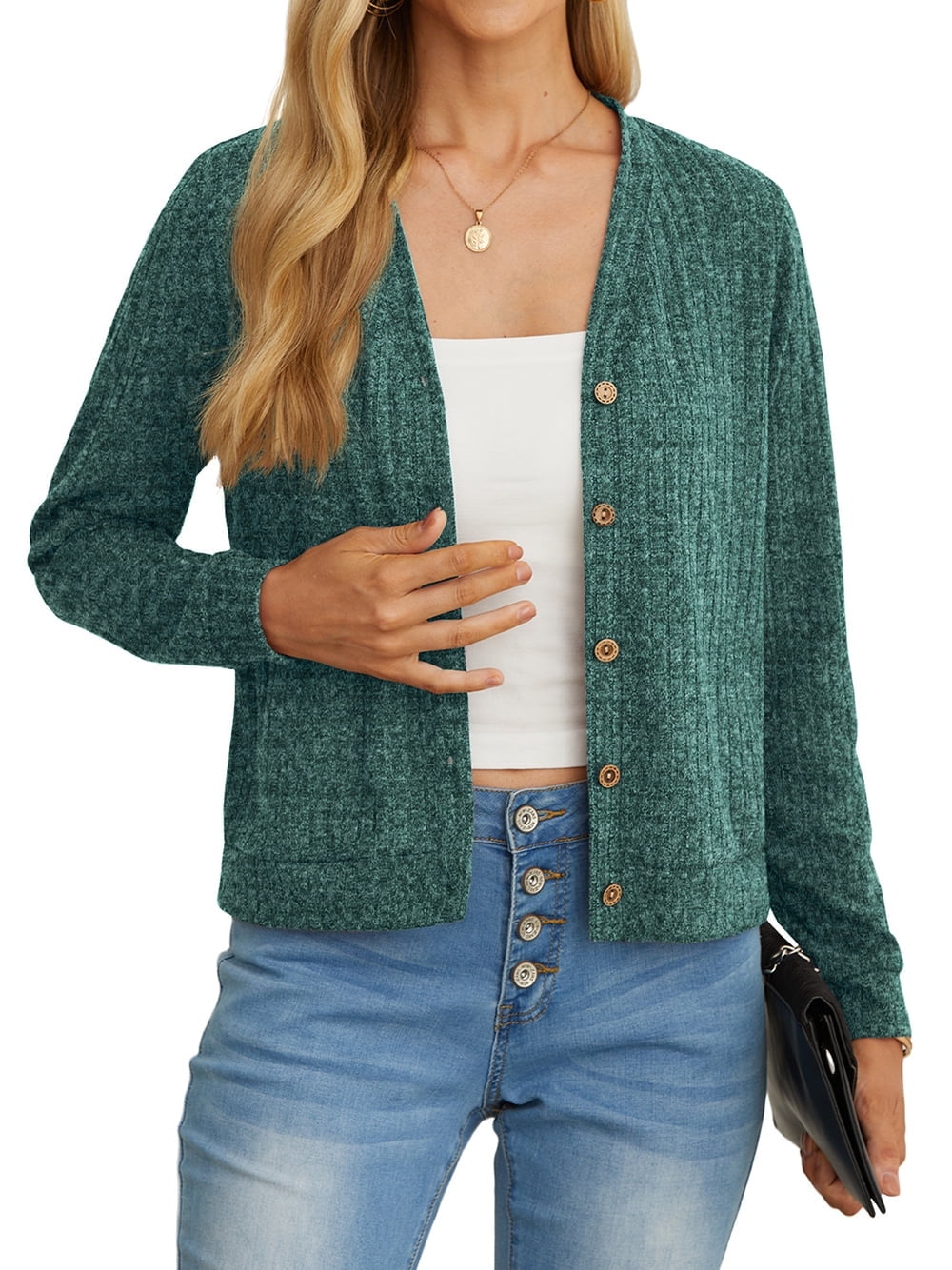 JWD women's fashionable cropped cardigan button up long sleeved pleated ...