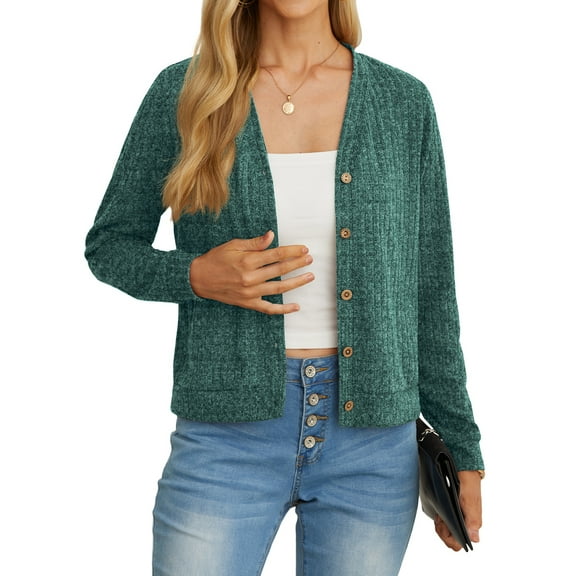 JWD women's fashionable cropped cardigan button up long sleeved pleated sweater with pockets