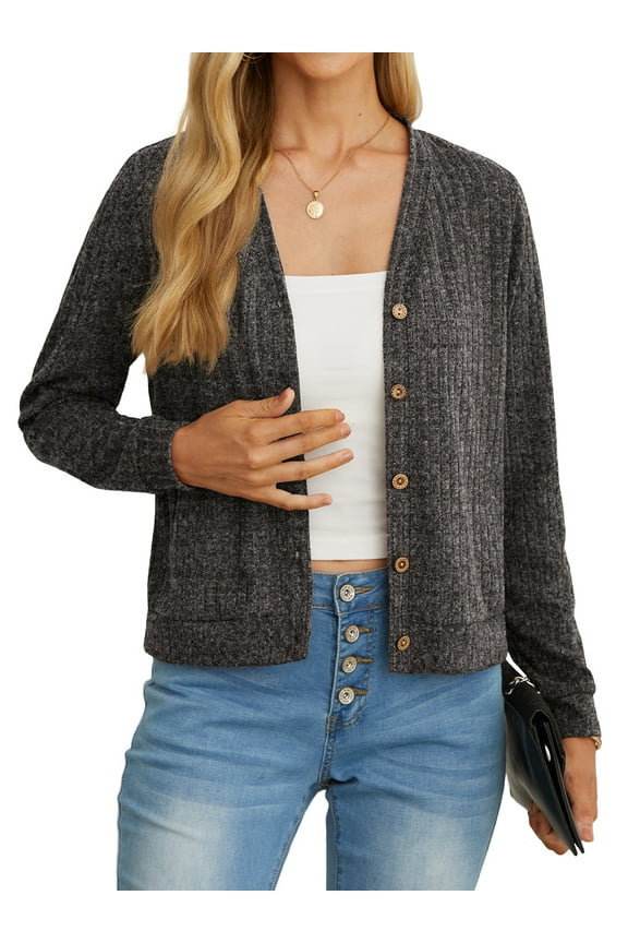 women's fashionable cropped long sleeved cardigan lightweight button down V-neck ribbed knit sweater jacket with pockets