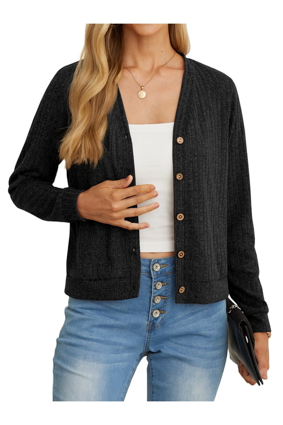 women's fashionable ropped black cardigan, button up long sleeved sweater with pockets