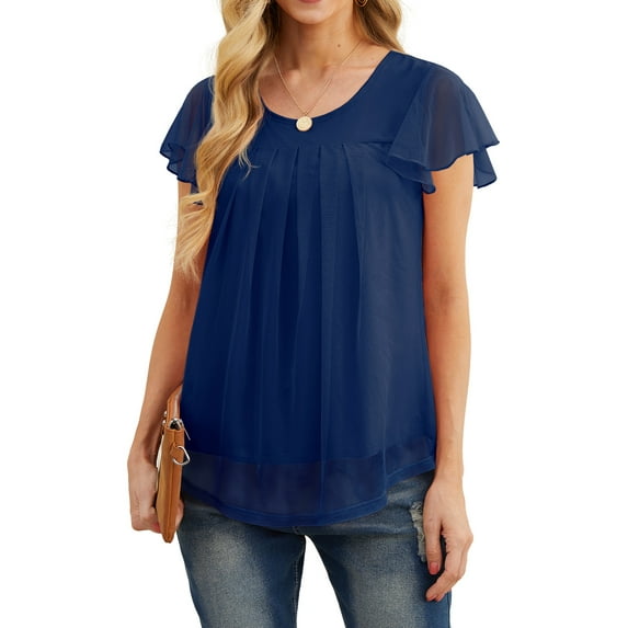 JWD women's short sleeved double-layer mesh pleated shirt summer fashion casual top Navy Blue-2XL