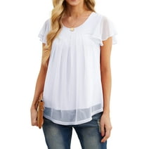 JWD women's short sleeved double-layer mesh pleated shirt summer fashion casual top White-L