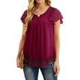 thumbnail image 1 of JWD women's short sleeved double-layer mesh pleated shirt summer fashion casual top Wine Red-M, 1 of 6