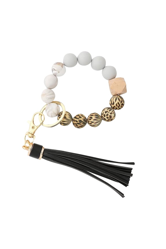 Ring, Hangs Clearance! Silicone Key Ring Bracelet, Women Beaded Bangle Keychain Wristlet Leather Tassel F