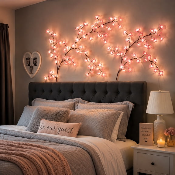 JWGIETK 96 LED Cherry Blossom Willow Vine Light String, 70-Inch Usb, 8-Function Remote Control, Pink