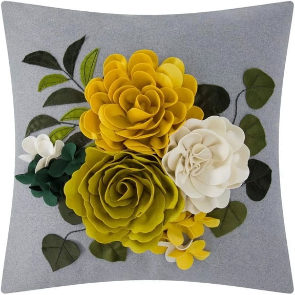 JWH 3D Colorful Flower Pillow Case Square Aesthetic Decorative Floral Throw Pillow Covers for Sofa Couch and Bed 18*18 inch Yellow