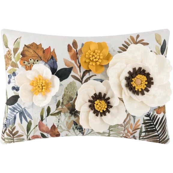 JWH 3D Flower Design Chenille Throw Pillow Covers with Watercolor Botanical Prining for Bedroom Couch Decor 14x20inch Cream Yellow