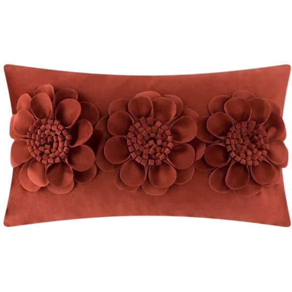 JWH 3D Handmade Decorative Suede Flower Throw Pillow Covers for Modern Decoration and Gift 12x20inch Rust Red