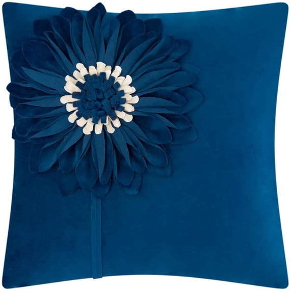 JWH 3D Flower Pillow Cover Navy Blue Square Dimensional Floral Sofa Cushion Cover for Living Room Bedroom Decor