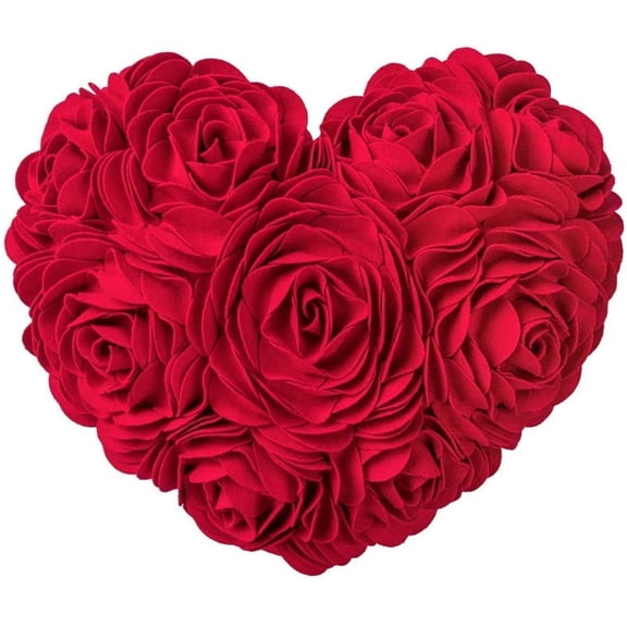 JWH 3D Heart Shape Wool Flower Accent Throw Pillow for Valentine Elegant Decor and Gift 13x16inch Red