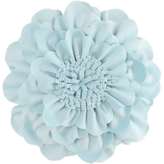 JWH 3D Handmade Round Decorative Flower Throw Pillow Cover with Filler Small Circular Soft Velvet Pillows for Living Room,Bedroom and Hotel in Sky Blue 14inch