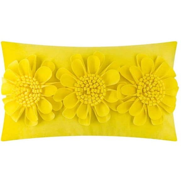 JWH 3D Handmade Spring Decorative Velvet Flower Accent Pillow Case in Rectangle for Room Decor and Gift 12x20inch in Light Yellow