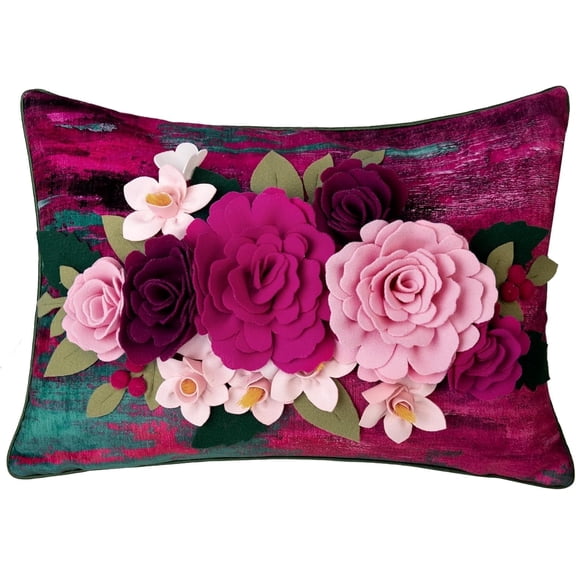 JWH 3D Layered Felt Floral Chenille Pillow Cover 14x20 Oblong Decorative Cushion Case for Sofa Couch Fuchsia and Burgundy Pink Textured Accent Pillow Shell Pillow Insert Not Included