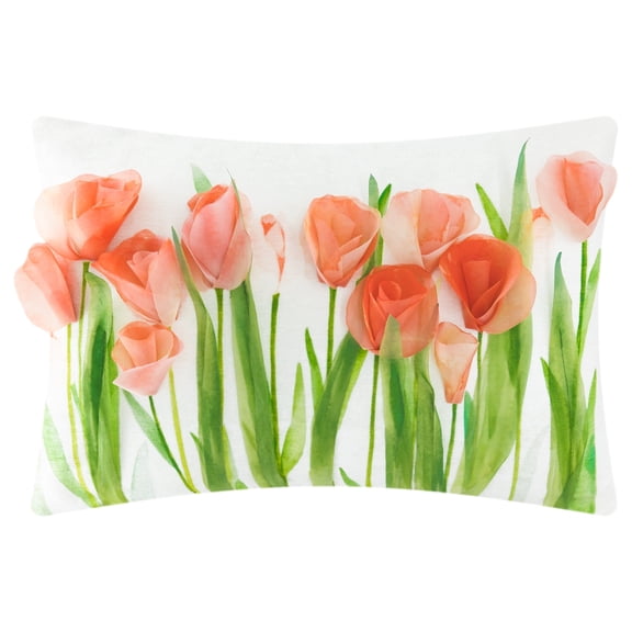 JWH 3D Watercolor Tulip Throw Pillow Cover Soft Peach Orange Green on White Background 14x20Inches Decorative Couch Pillow (No Insert)