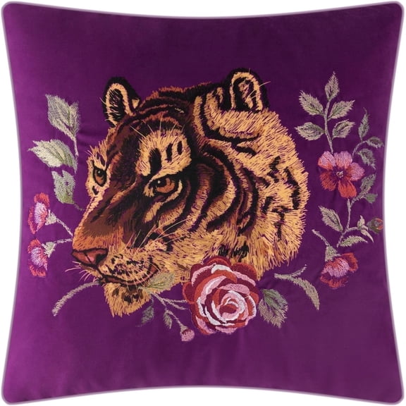 JWH Tiger Print Pillow Cases with Embroidery Berry Purple Velet Pillowcase 18x18inch for Room Decoration