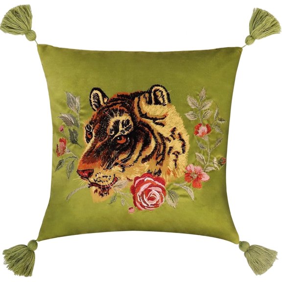 JWH 18*18inch Embroidery Tiger Throw Pillow Covers Green Square with Tassels with Green Background for Home Decoration