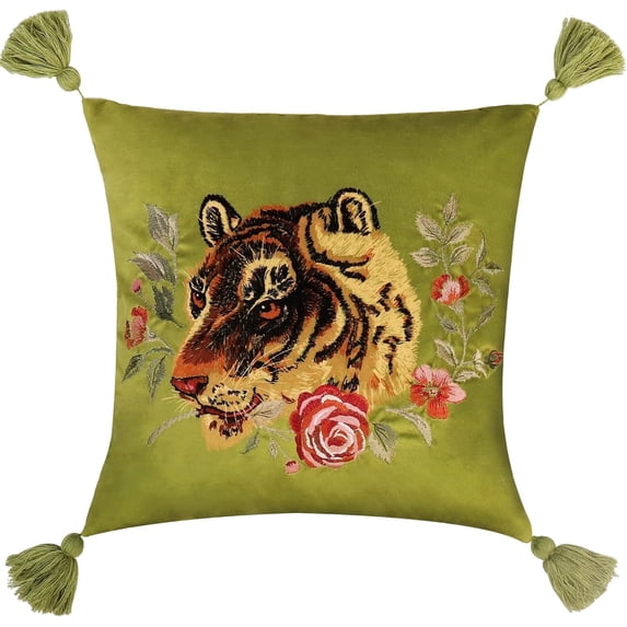 JWH Decorative Tiger Velvet Throw Pillow Covers Emboidered Accent Pillow Case for Couch 18*18inch Green